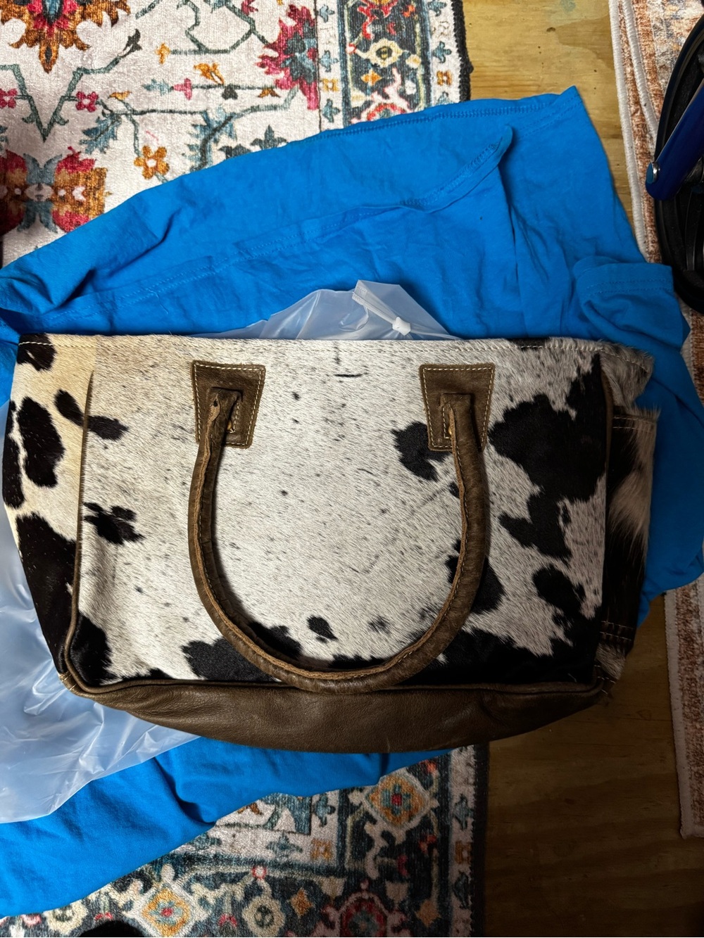 Myra Cowhide Leather Tote Bag - Black & White